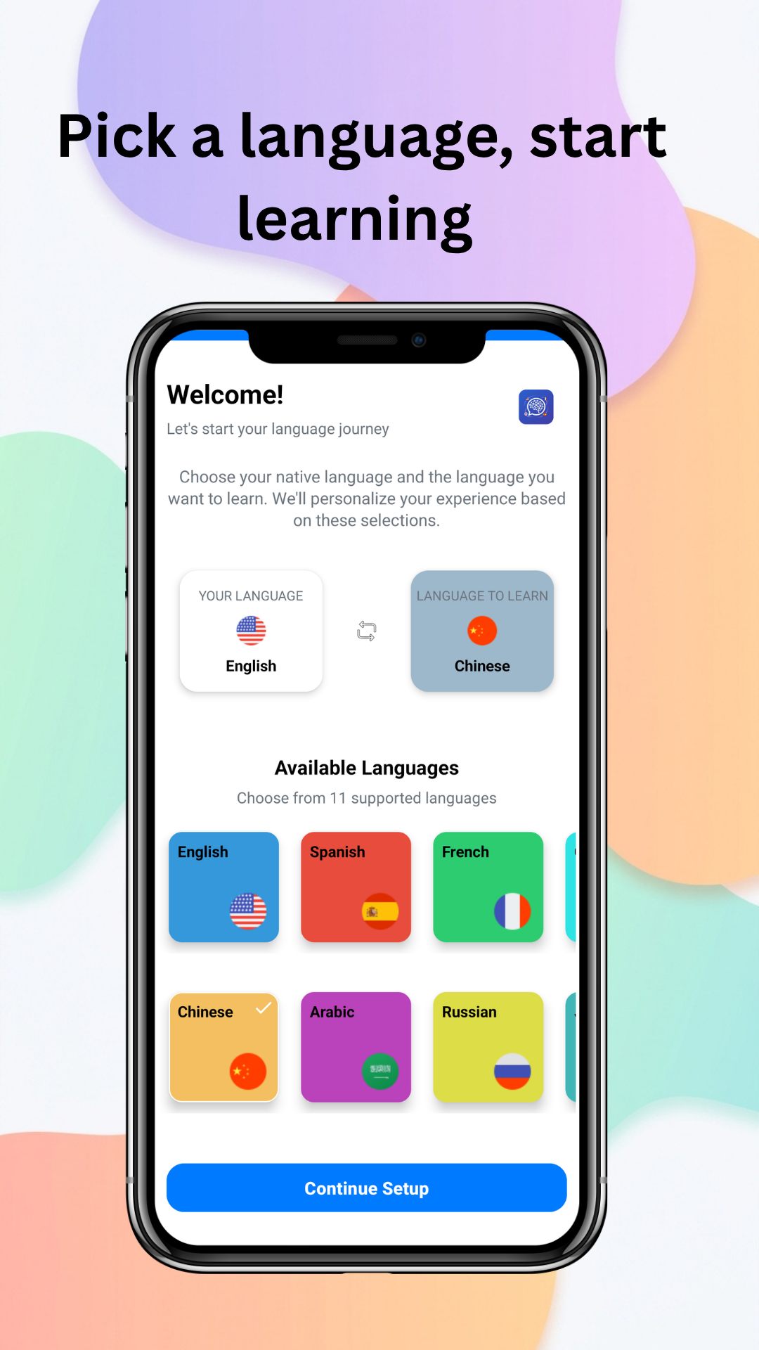 multilangAi pick a language and start learning screen