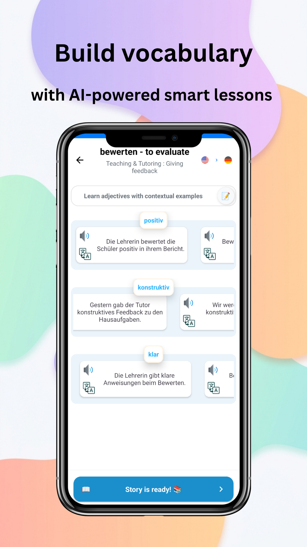 multilangAi vocabulary builder screen with AI-powered smart lessons